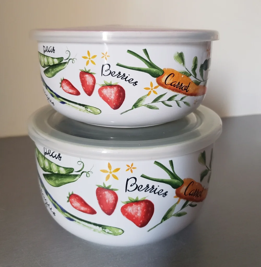 2 Ceramic food storage container and an airtight lid with a steam vent.